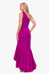 "Annalise" Techno Scuba Ruffled One Shoulder Floor Length Dress