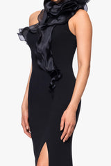 "Drea" Scuba Crepe Drop Shoulder Ruffle Floor Length Dress