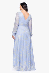 Plus "Melanie" Foil Knit V-Neck Long Sleeve Floor Length Dress
