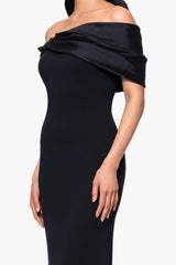 "Michelle" Scuba Crepe Off the Shouler Taffeta Trim Floor Length Dress