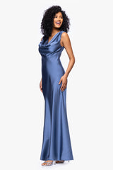 Petite "Amberly" Satin Drape Neck Floor Length Dress