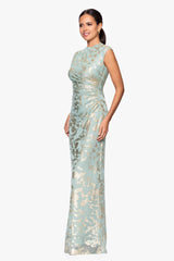 "Cory" Metallic Print Rouched Floor Length Dress