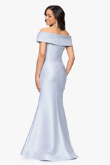 "Zara" Mikado Off the Shoulder Floral Bead Floor Length Dress