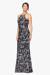 Petite "Denise" Sequin Flower Pattern Floor Length Dress