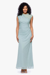"Dayna" Floor Length Sleeveless Sheer Matte Jersey Lack Neck Rouched Side Dress