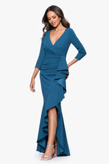 "Pauline" Scuba Crepe 3/4 Sleeve Ruffle Floor Length Dress
