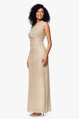 Petite "Bethany" Crinkle Metallic Rouched Floor Length Dress