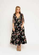 Margaret Floral Embroidered Midi Dress Black