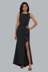 Petite "Christine" Scuba Crepe Ruffled Bow Gown