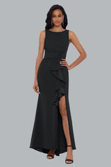 Petite "Christine" Scuba Crepe Ruffled Bow Gown
