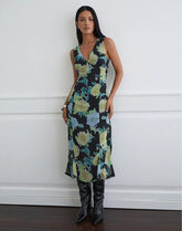 Olydia Midi Dress in Black Chiffon with Crystal Flower Print