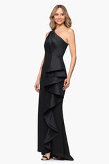 "Shai" Scuba Crepe Taffeta One Shoulder Floor Length Dress