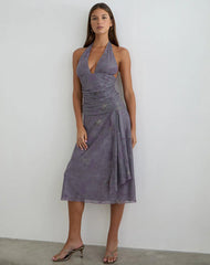 Rokoyo Halterneck Midi Dress in Flare Flower Purple
