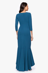 "Pauline" Scuba Crepe 3/4 Sleeve Ruffle Floor Length Dress