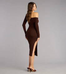 Chic Style Ribbed Knit Off-Shoulder Midi Dress