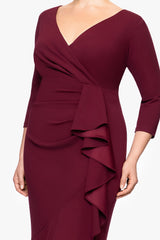 Plus "Pauline" Scuba Crepe 3/4 Sleeve Ruffle Floor Length Dress