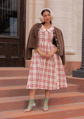 Pyper Oversized Collar Cotton Puff Sleeve Midi Dress - Red Plaid