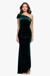 "Joyce" Velvet Drop Shoulder Satin Banded Neckline Floor Length Dress