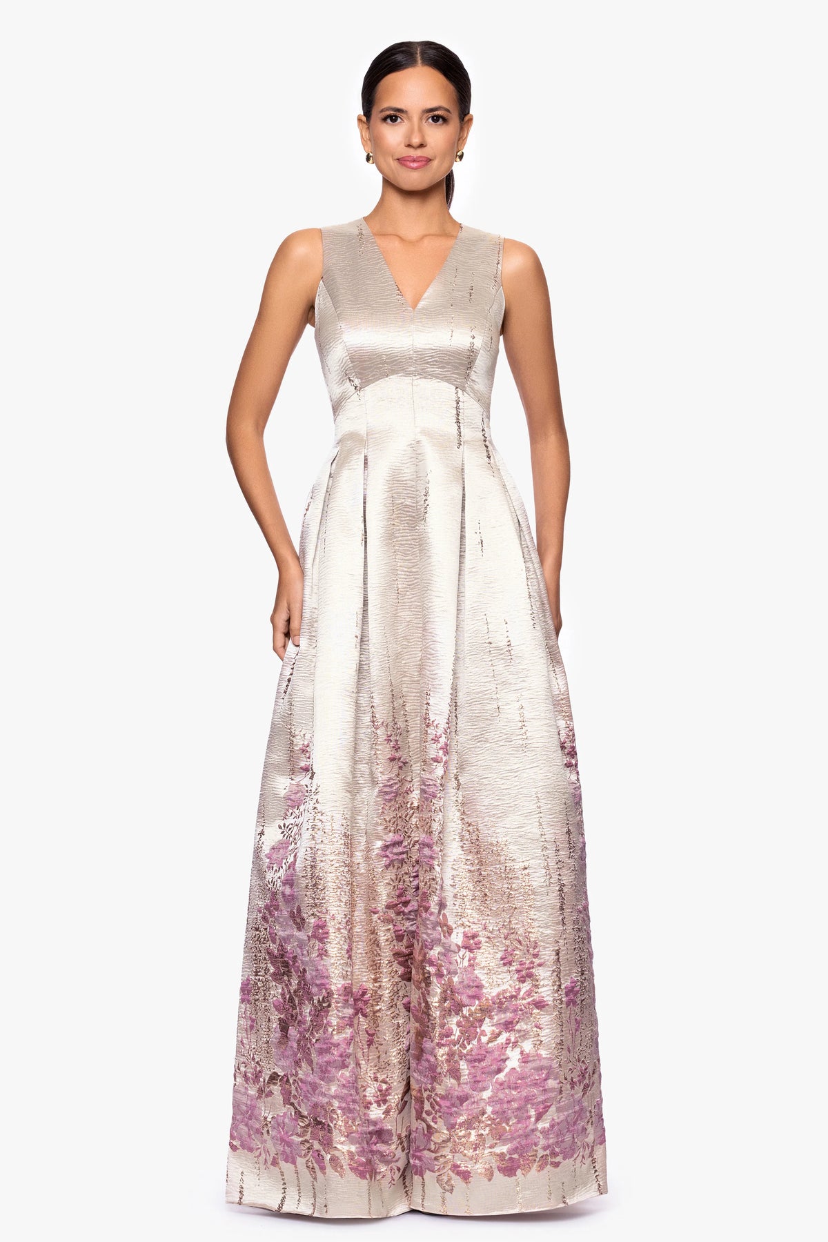 "Belle" Print Jacquard V-Neck Floor Length Dress