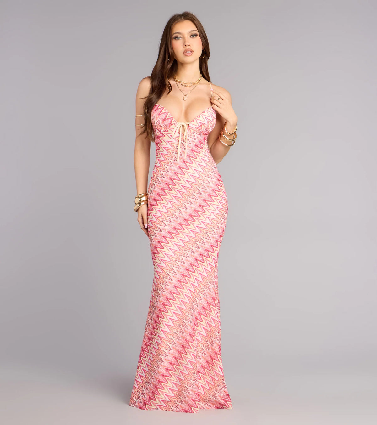 Sunset Swirl Lace-Up Maxi Dress