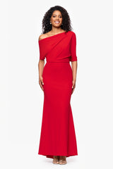 "Madeline" Long Scuba Crepe Off the Shoulder Drop Dress