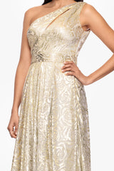 Petite "Mariah" Metallic Foil Knit One Shoulder Floor Length Dress