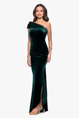 "Joyce" Velvet Drop Shoulder Satin Banded Neckline Floor Length Dress