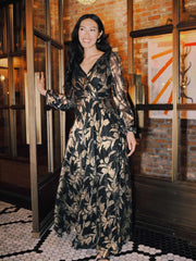 "Elisabeth" Foil Print V-Neck Long Sleeve Floor Length Dress
