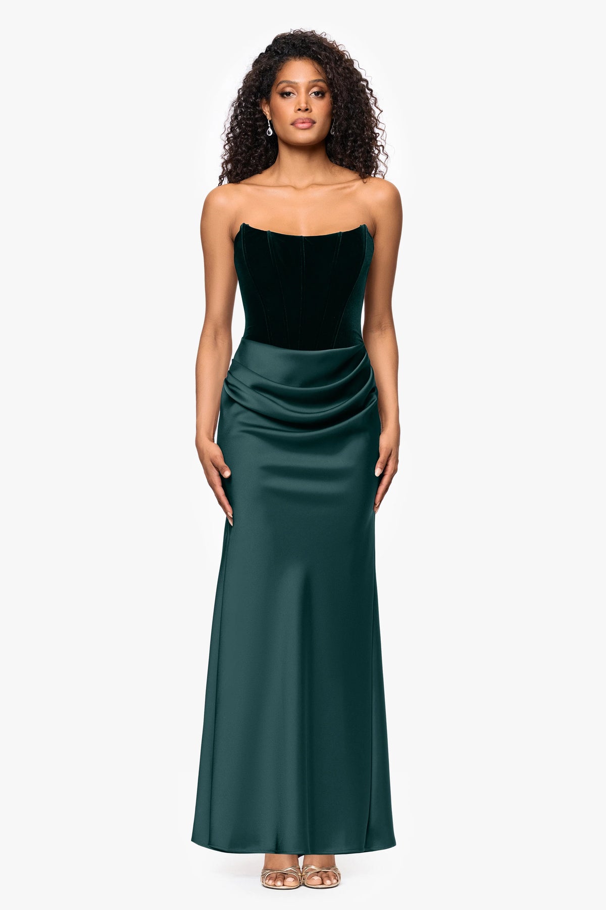 Petite "Lynn" Velvet and Satin Strapless Floor Length Gown