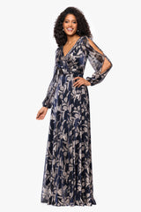 Petite "Elisabeth" Foil Print V-Neck Long Sleeve Floor Length Dress