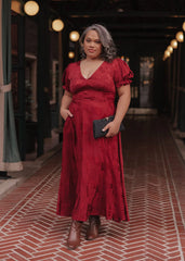 Mila Puff Sleeve Jacquard Floral Satin V-Neck Midi Dress - Burgundy