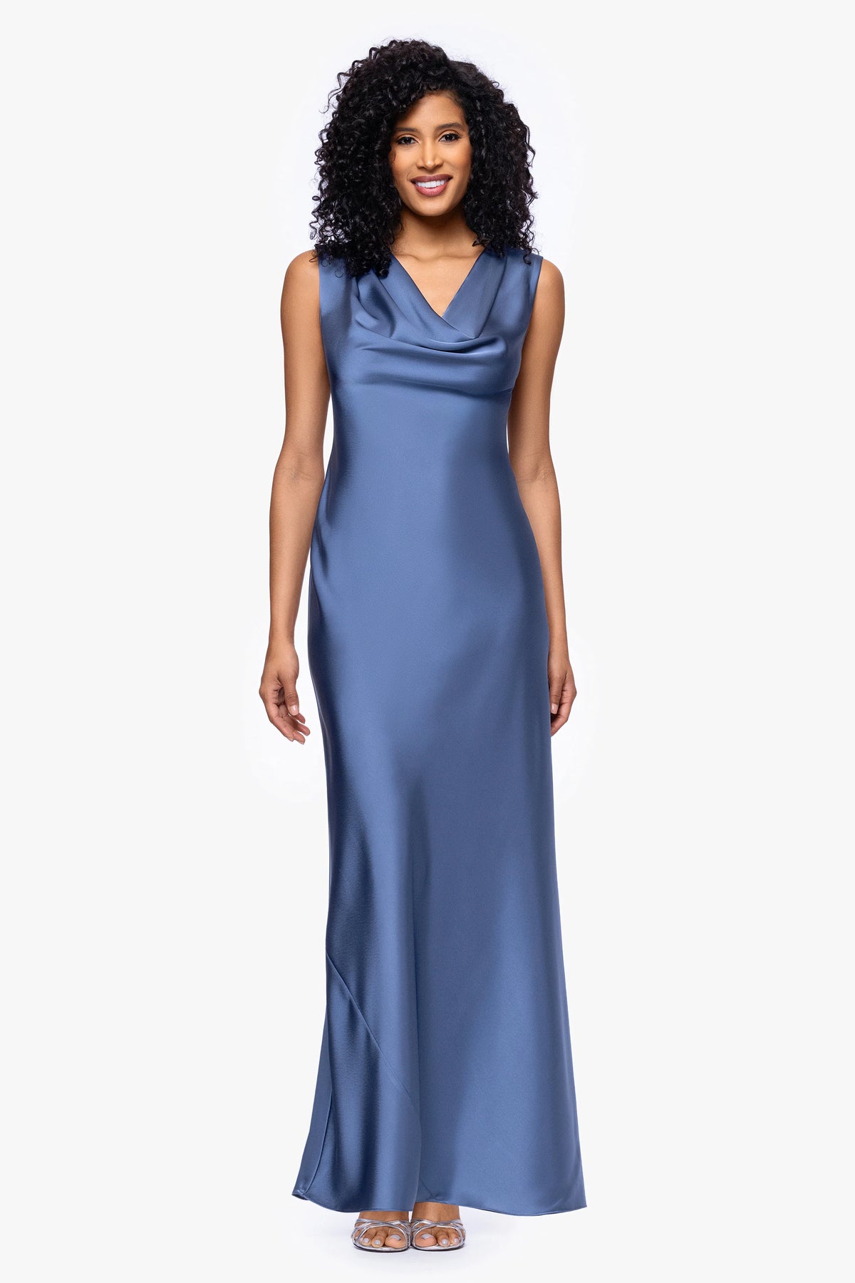 Petite "Amberly" Satin Drape Neck Floor Length Dress
