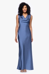 Petite "Amberly" Satin Drape Neck Floor Length Dress