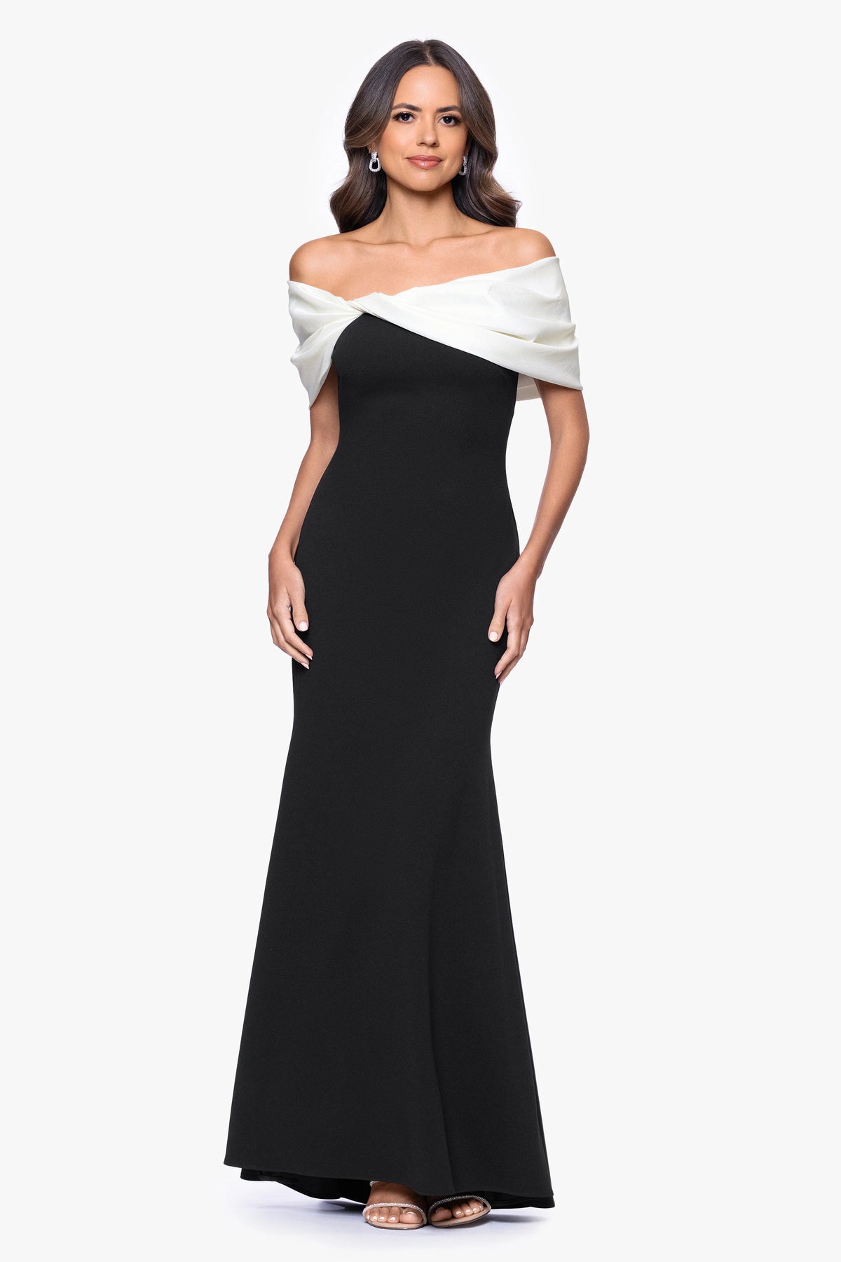 "Michelle" Scuba Crepe Off the Shouler Taffeta Trim Floor Length Dress