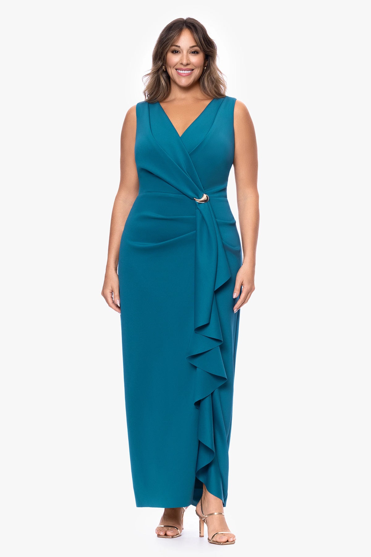 Plus "Rylee" Techno Scuba V-Neck Ruffle Floor Length Dress