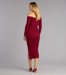 Chic Attitude Ribbed Knit Off-The-Shoulder Midi Dress