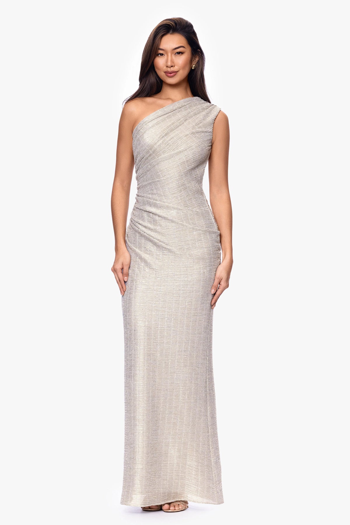 "Avril" Metallic One Shoulder Rouched Floor Length Dress