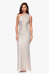 "Avril" Metallic One Shoulder Rouched Floor Length Dress