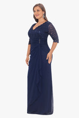 Plus "Johanna" 3/4 Sleeve Sheer Matte Jersey Long Dress