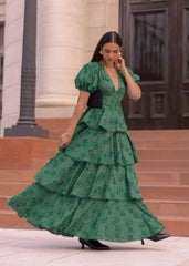 Sloane Puff Sleeve Tiered Cotton Floral V-Neck Maxi Dress - Green