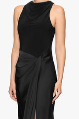 "Amberlynn" Jersey Knit and Satin Draped Floor Length Dress