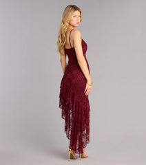 RSVP Ready Lace Asymmetric Ruffle Midi Dress
