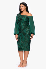 Plus "Josephina" Sequin Long Mesh Sleeves Drop Shoulder Knee Length Dress