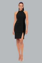 "Mariana" Short Halter Neck Scuba Crepe and Velvet Stripe Dress