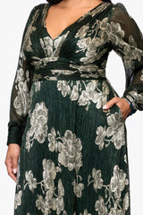 Plus "June" Foil Knit V-Neck Long Sleeve Floor Length Dress