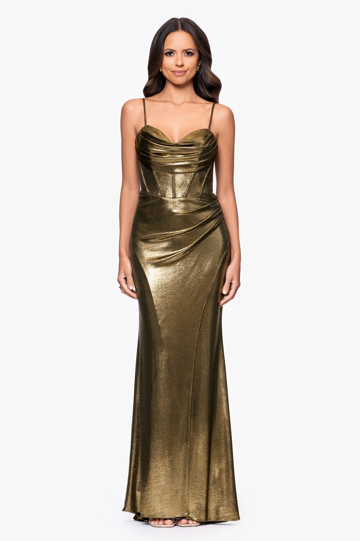 "Shayla" Metallic Jersey Corseted Floor Length Dress