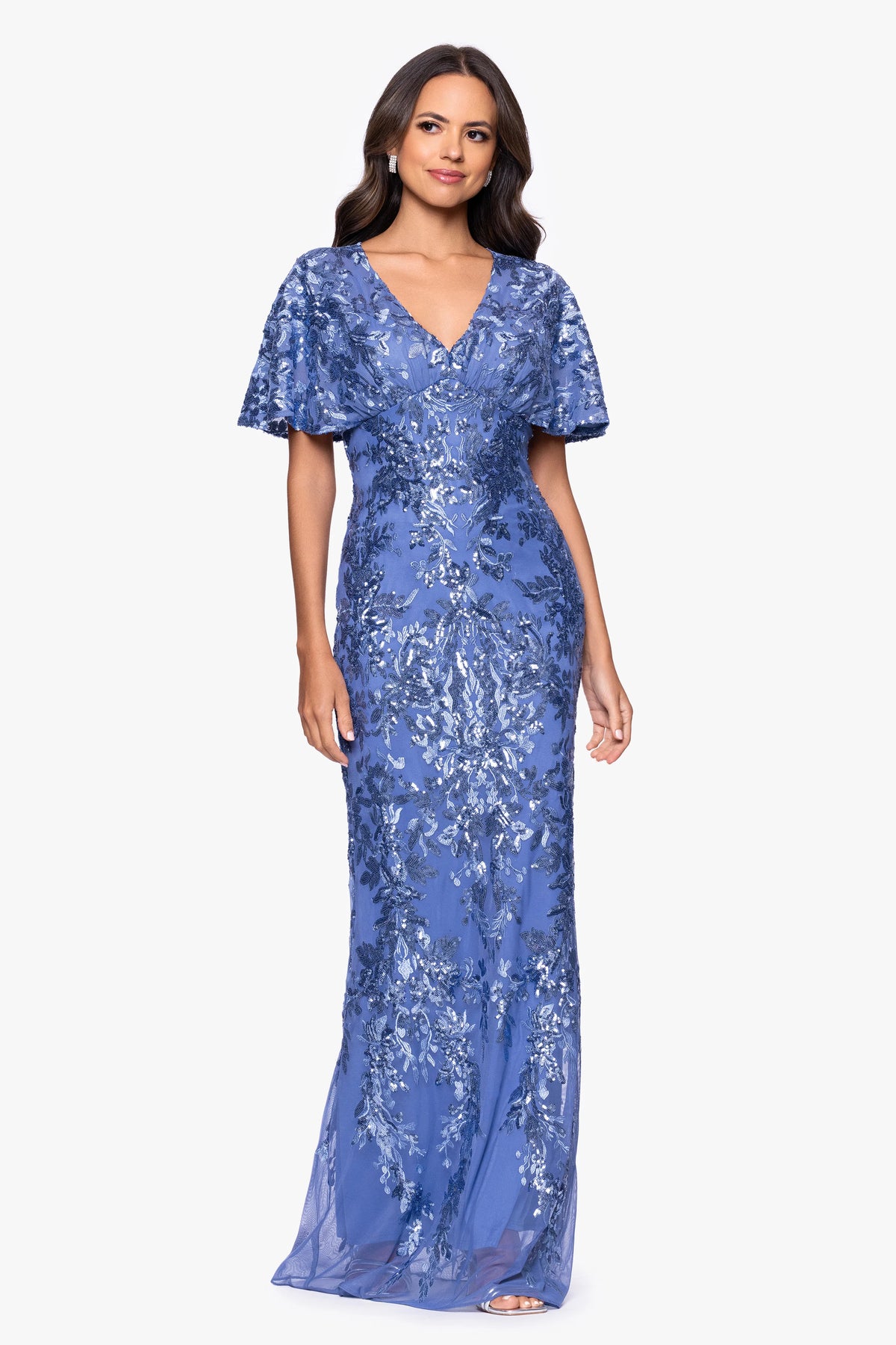 Petite "Paisley" Sequin Mesh Flutter Sleeve V-Neck Floor Length Dress