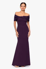 "Michelle" Scuba Crepe Off the Shouler Taffeta Trim Floor Length Dress