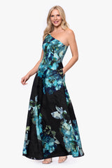 Petite "Carli" Chiffon Jacquard Burnout One Shoulder Floor Length Dress