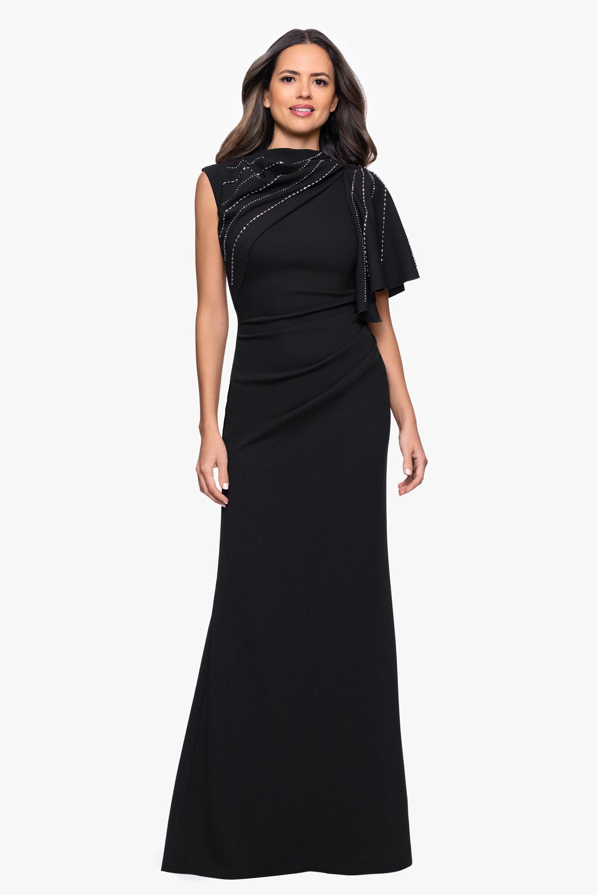 "Persephone" Scuba Crepe  Embellished Sashed Floor Length Dress